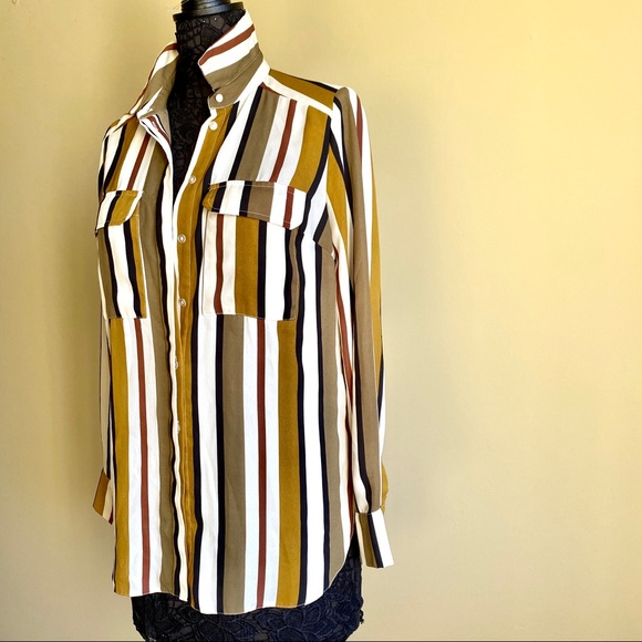 Green Olive White Stripe Long Button-down Blouse 6 - Picture 8 of 16